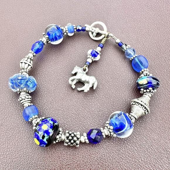 Vintage Blue Lampwork Glass Horse Charm Bracelet Equestrian Cowgirl Western - Picture 1 of 6